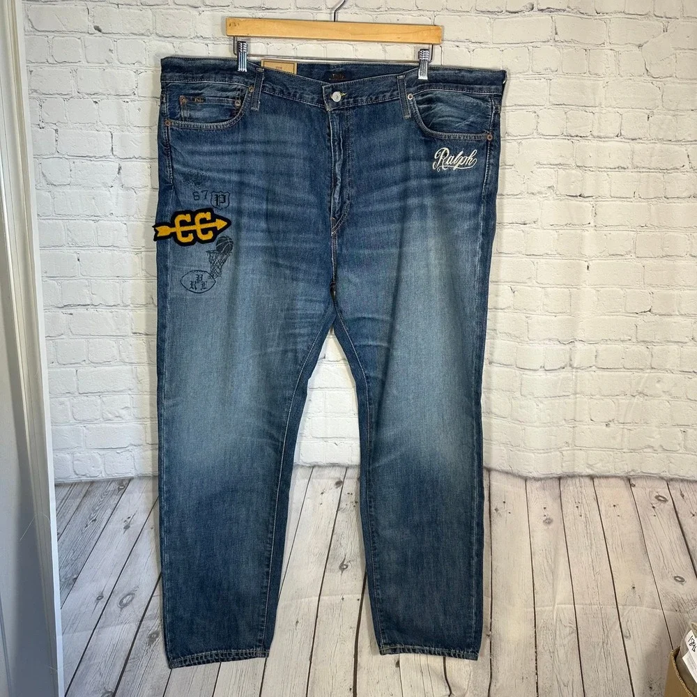 NEW Polo Ralph Lauren Varick Slim Straight Jeans Mens 44x32 Blue Graphic